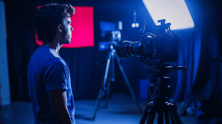 Adult actor in a NYC black-box studio facing a cinema camera under soft red and tungsten lighting