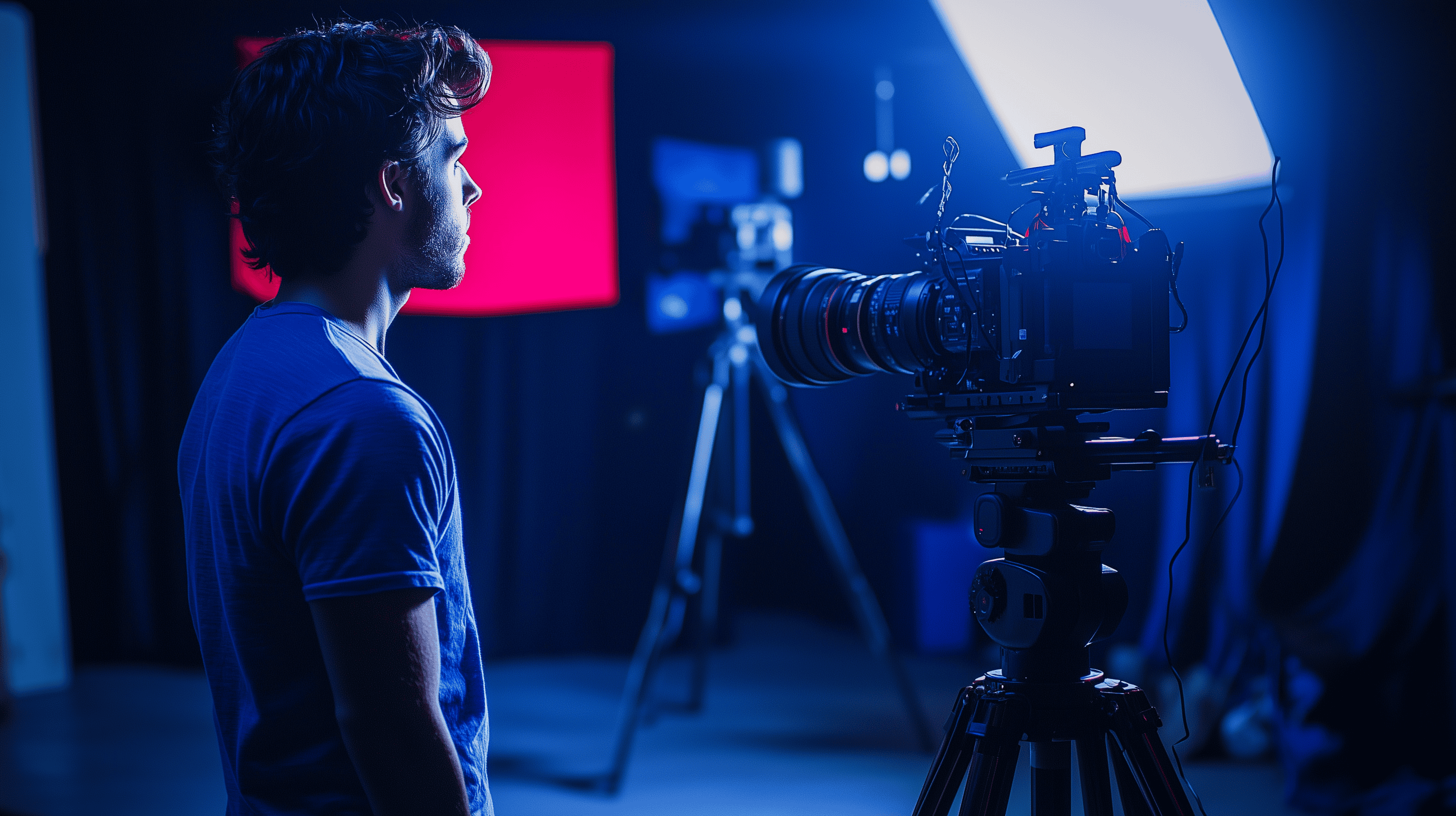 Adult actor in a NYC black-box studio facing a cinema camera under soft red and tungsten lighting