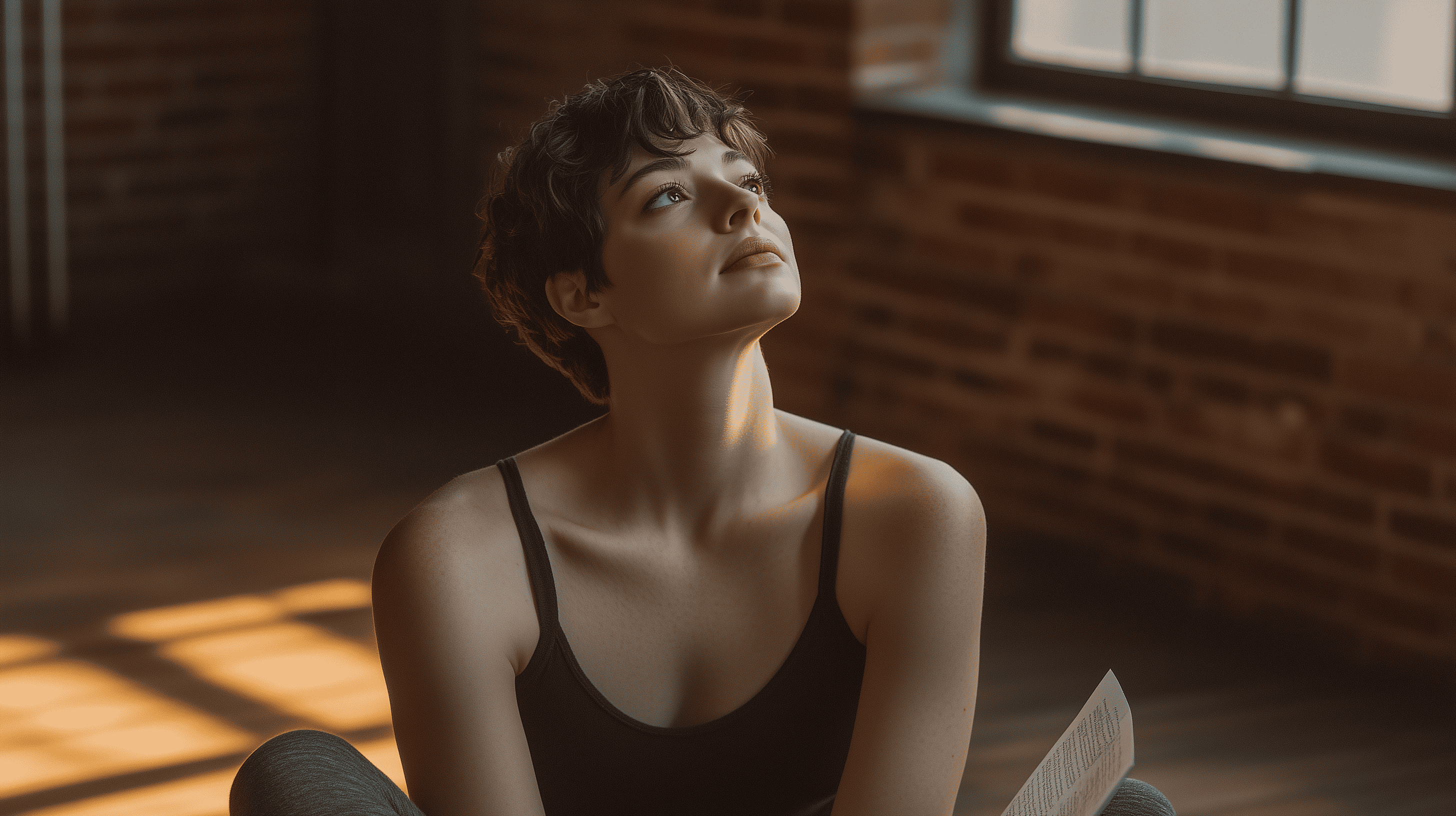 Adult performer in her late 30s sitting in a NYC rehearsal studio, script in hand, looking toward warm window light
