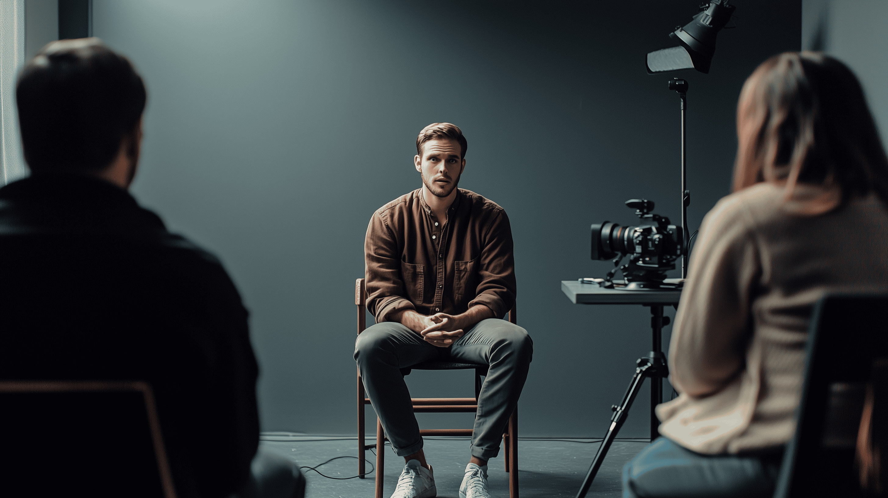 Adult actor seated in a NYC audition room under a single overhead light, holding sides for a casting session