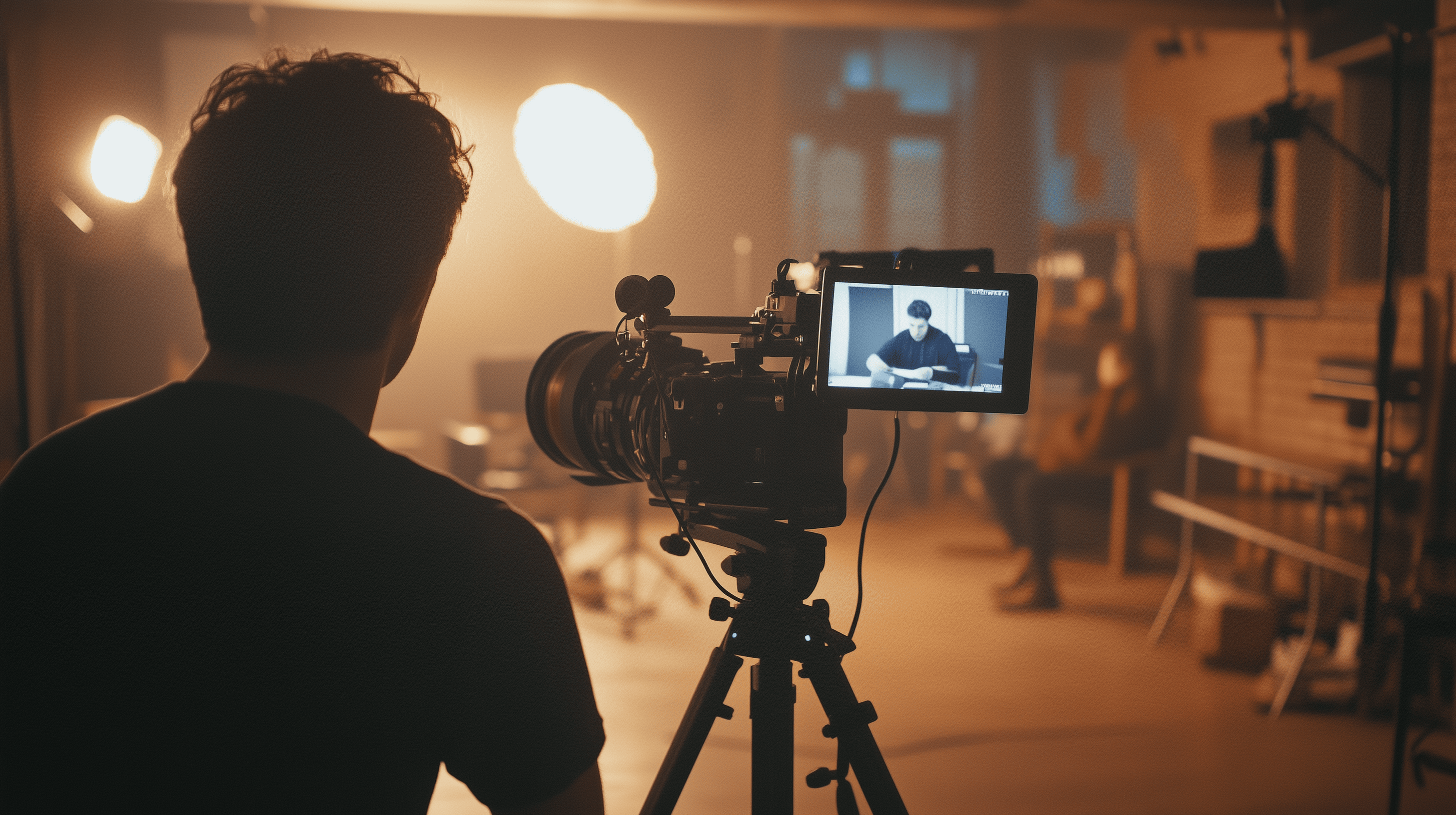 Behind the scenes of a small NYC on-camera acting class with a cinema camera and faculty watching a monitor