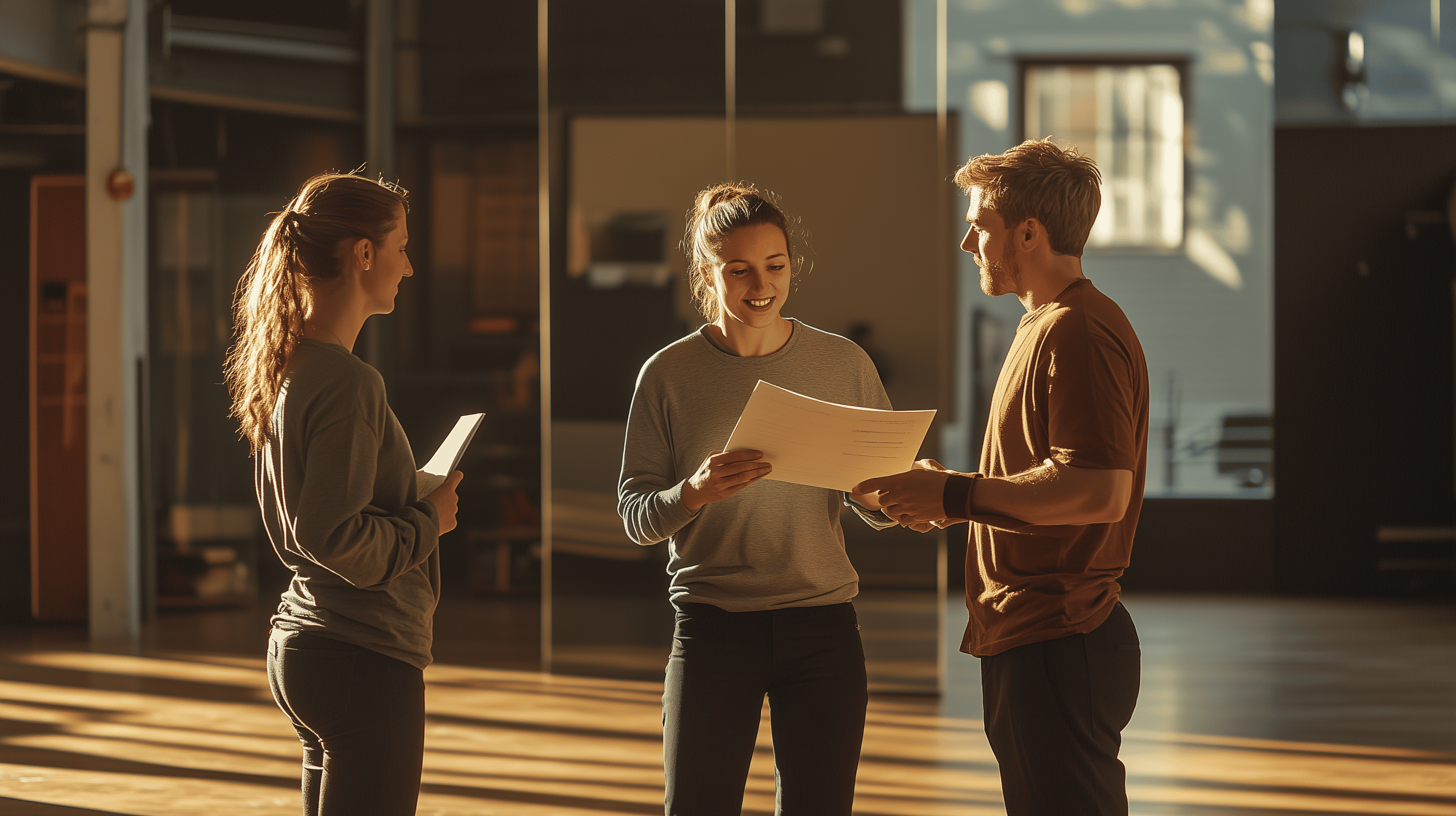 Three adult performers in a modern NYC studio talking through a script in warm afternoon light